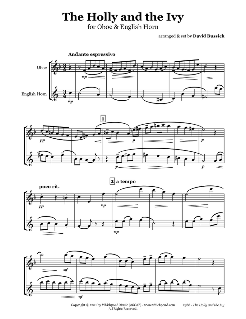 The Holly & the Ivy Oboe/English Horn Duet PDF Christmas Sheet Music