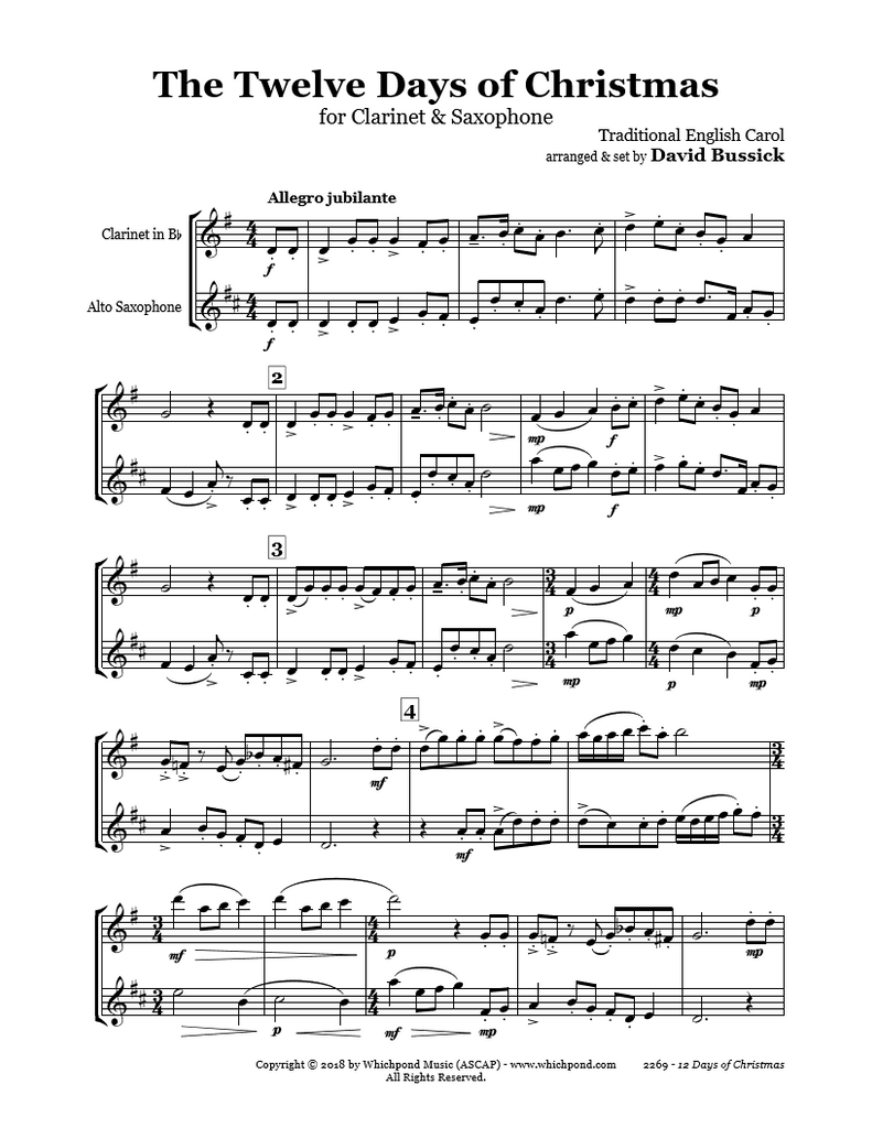 12 Days Of Christmas Clarinet/Saxophone Duet PDF Sheet Music Download – Whichpond Music 12-days-of-christmas-clarinet-saxophone-duet-pdf-sheet-music-download-whichpond-music