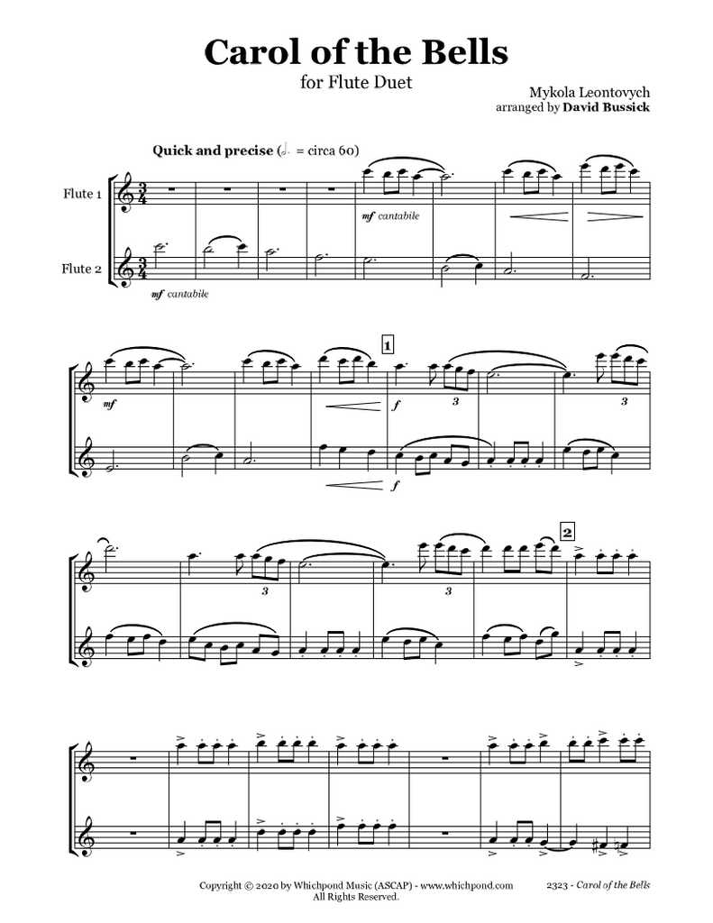 Carol of the Bells Flute Duet PDF Christmas Sheet Music Download