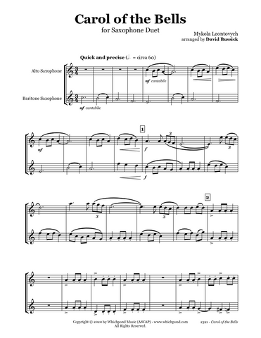 Carol of the Bells Saxophone Duet PDF Christmas Sheet Music Download –  Whichpond Music