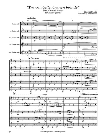 Puccini Tra voi belle Clarinet Quintet